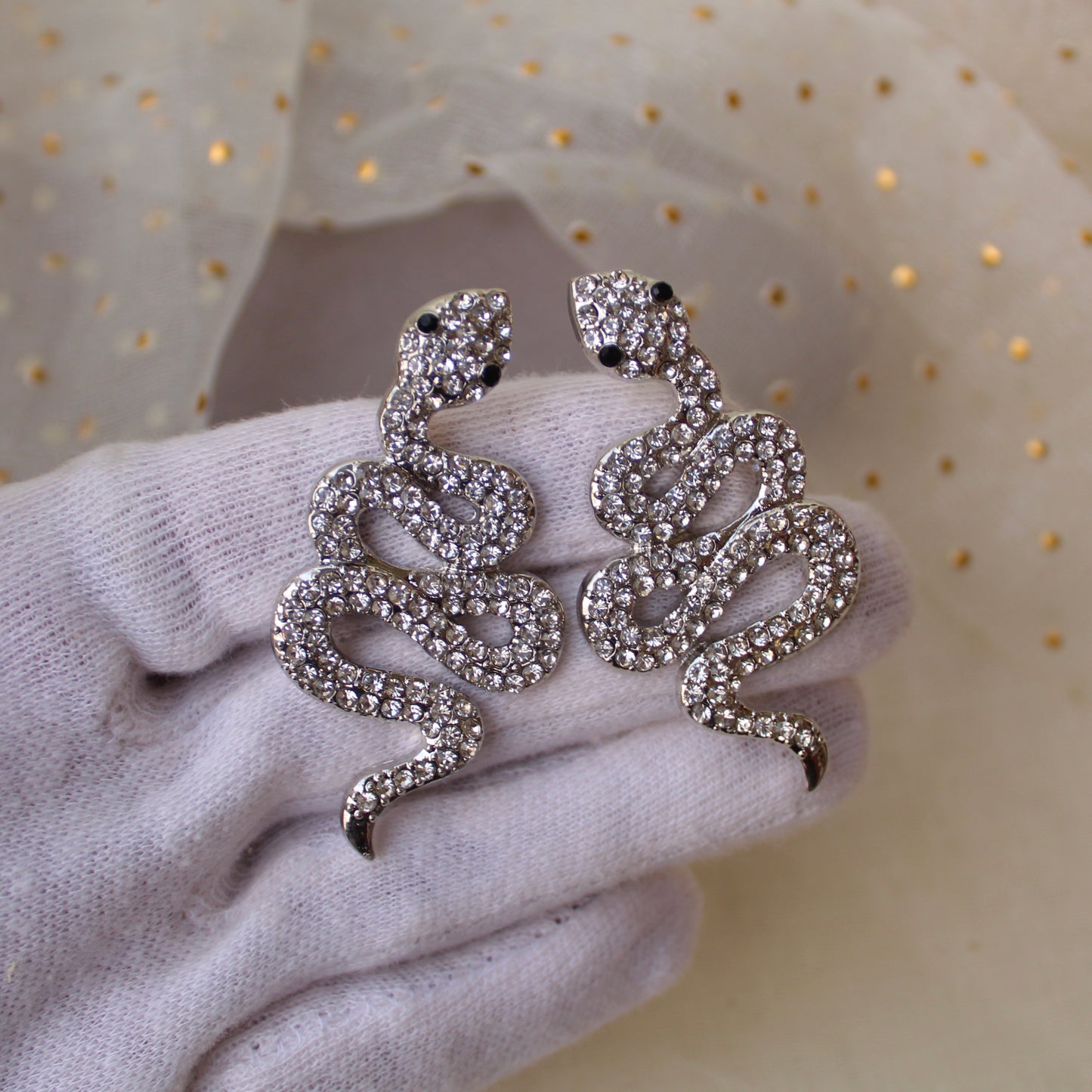 Classic Diamonds Studded Silver Snake Earrings