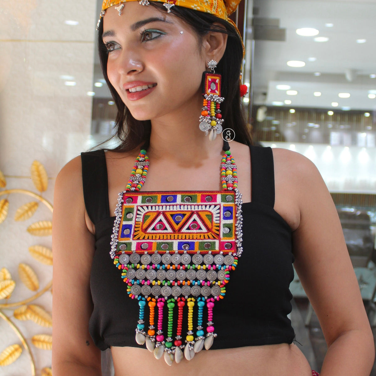 Multicoloured Long Gamthi Style Necklace Set