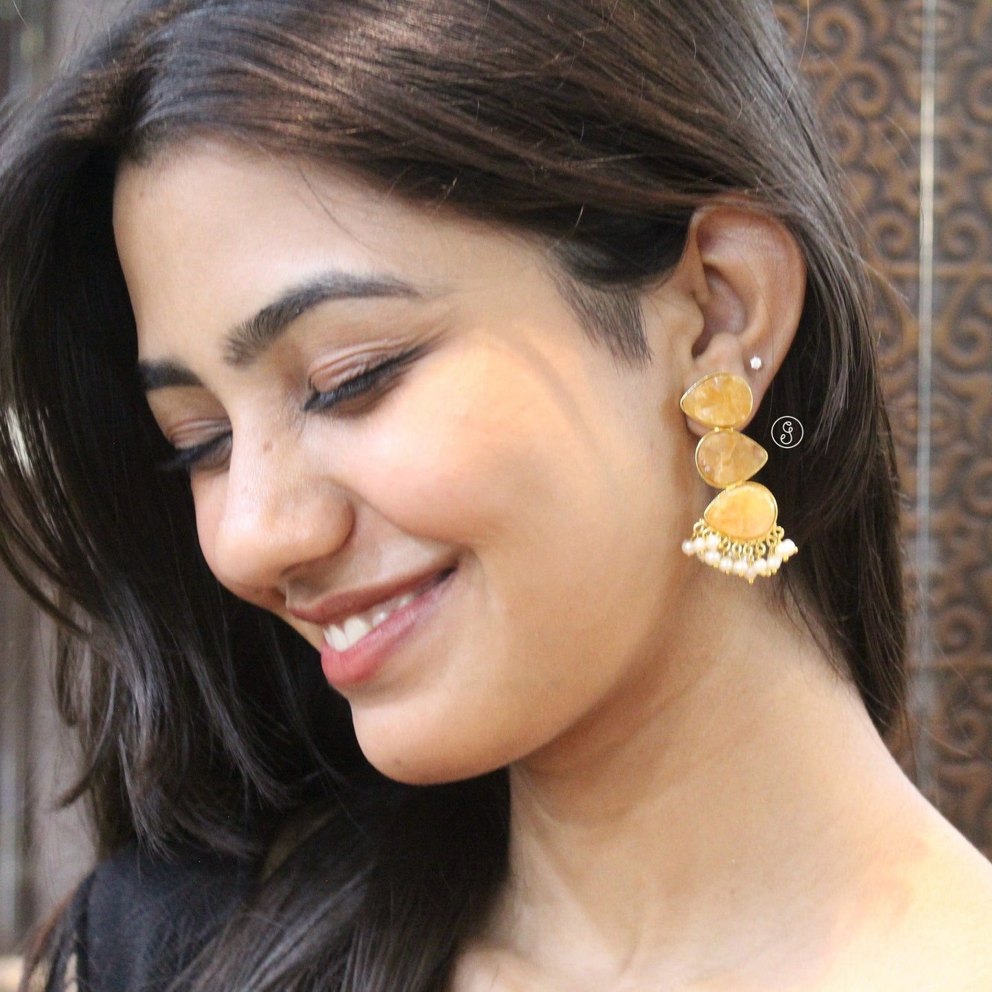 Brass Earrings with Natural Amber-Tone Stones