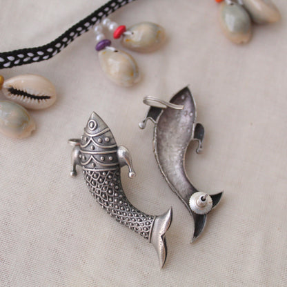 Fish Design Pair of Oxidised Silver Ear-cuff Earrings