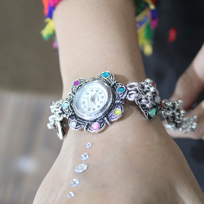 Multicolor Stone Oxidized Silver Watch