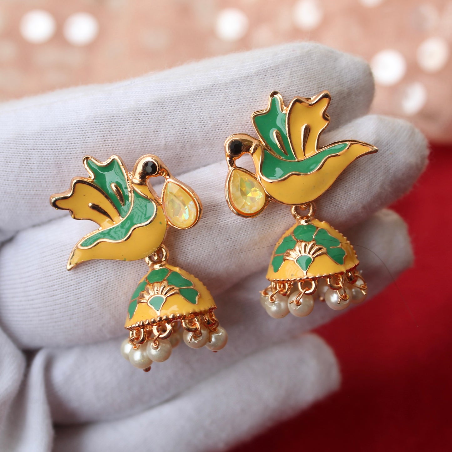 Yellow & Green Mini Meenakari Jhumki