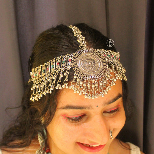 Heavy Oxidized Silver Afghani Maang Tikka (Damini)