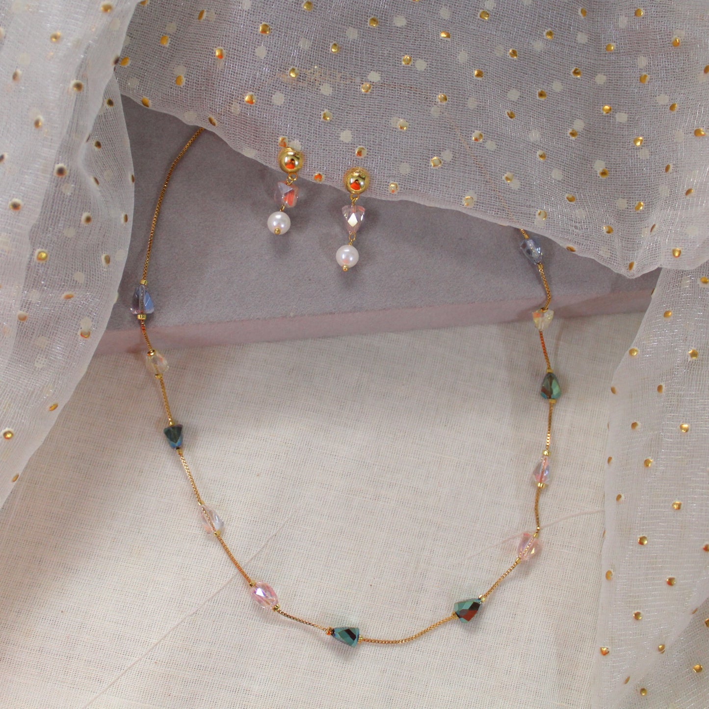 Crystal Beads Gold-Plated Chain & Earrings Set
