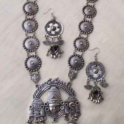 Divine Tirupati Motif Oxidised Silver Long Set