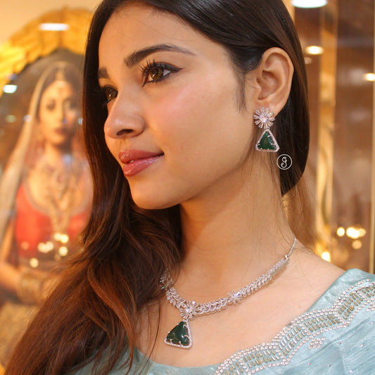 Silver-Toned Emerald & CZ Diamond Necklace Set