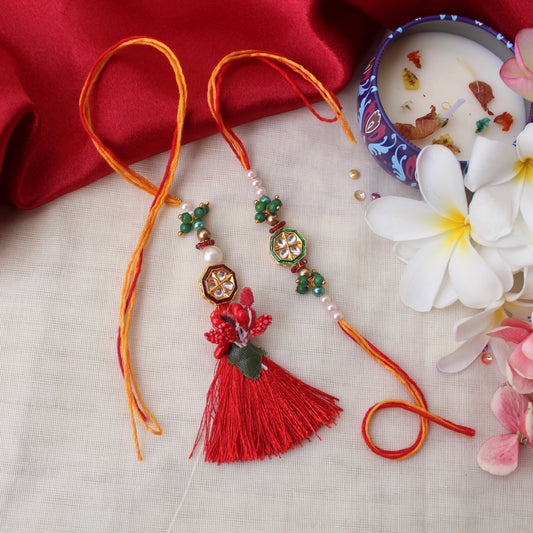 Charming Kundan Rakhi Pair For Bhai & Bhabhi