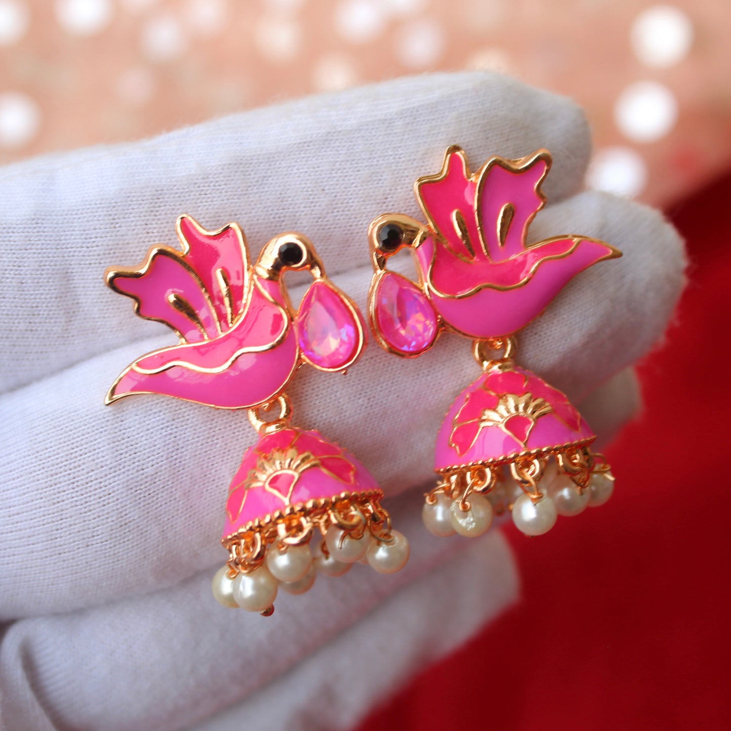 Pink Mini Meenakari Jhumki Earrings