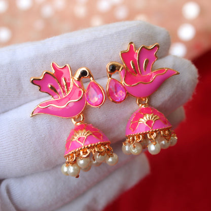 Pink Mini Meenakari Jhumki Earrings