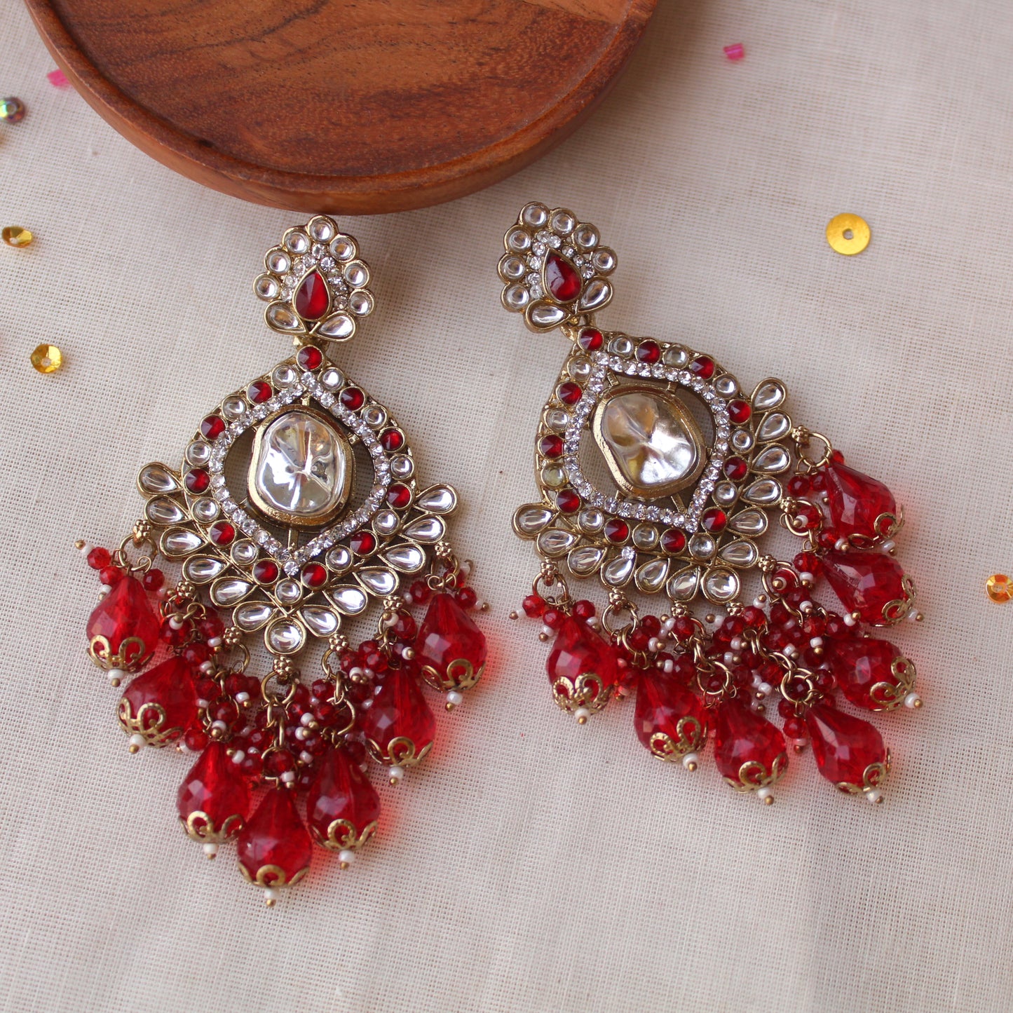 Radiant Red Kundan & Beads Work Long Earrings