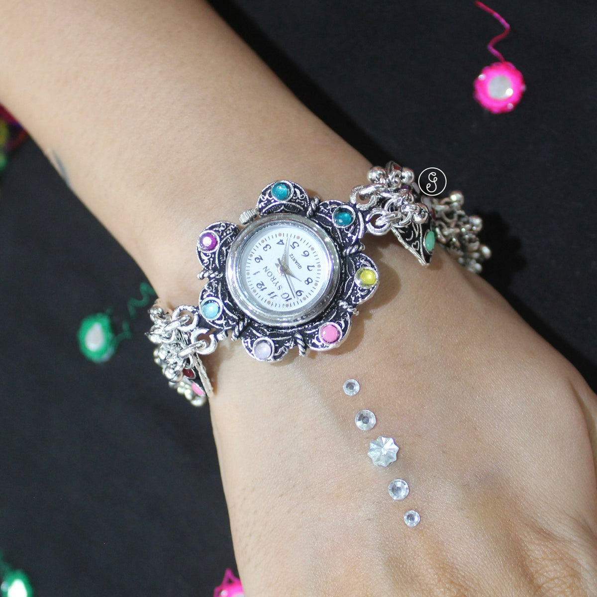 Multicolor Stone Oxidized Silver Watch