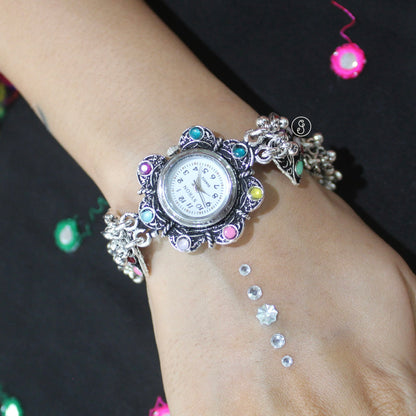 Multicolor Stone Oxidized Silver Watch