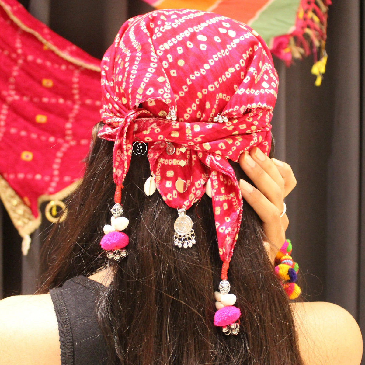 Pink Cotton Bandhani Bandana with Tassels & Charms