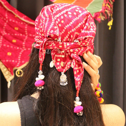 Pink Cotton Bandhani Bandana with Tassels & Charms