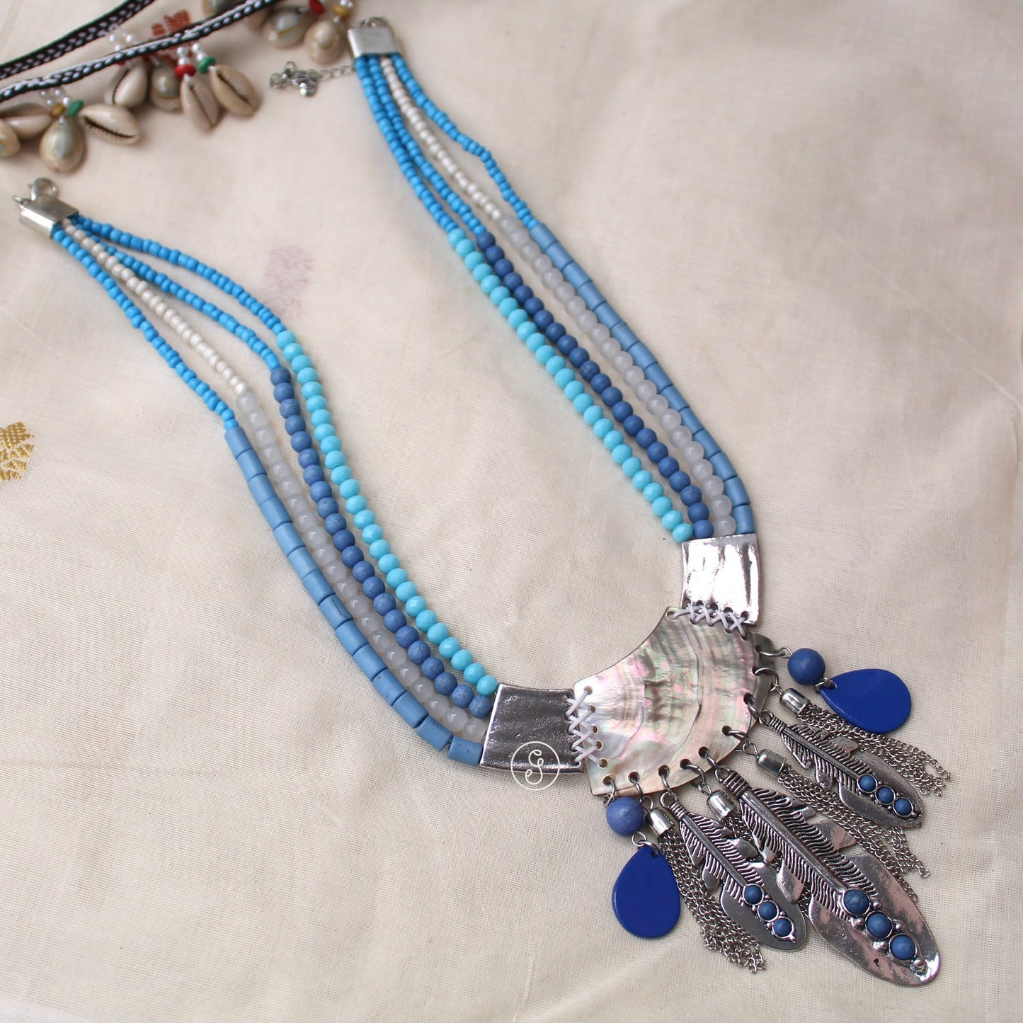 Blue Beads & Tassels Work Long Necklace