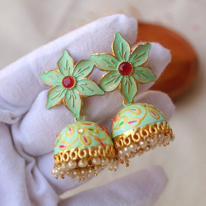 Mint Green Flower Design Jhumki Earrings