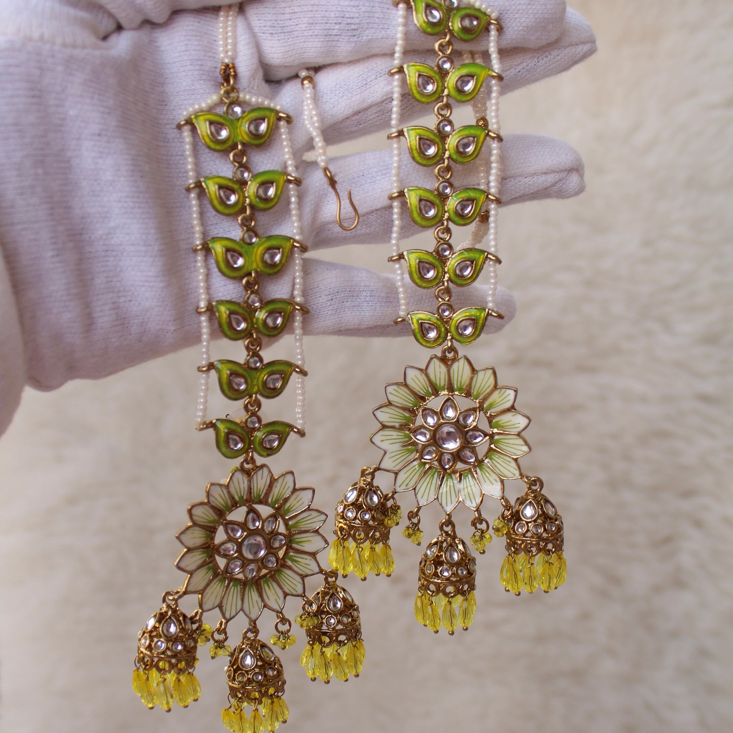 Lemon Green Floral Earrings With Earchains