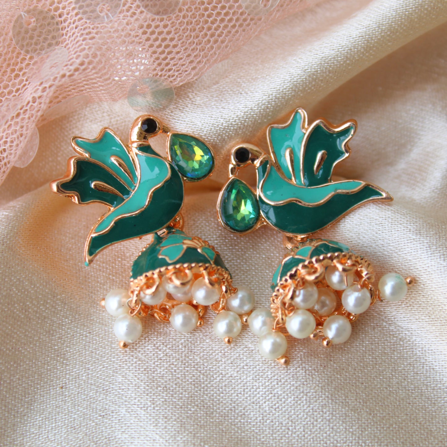 Green Bird Design Mini Meenakari Jhumki