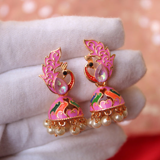 Pink Peacock Design Mini Jhumki