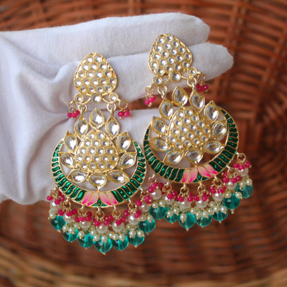 Teal Blue & Pink Kundan & Beads Work Chandbali