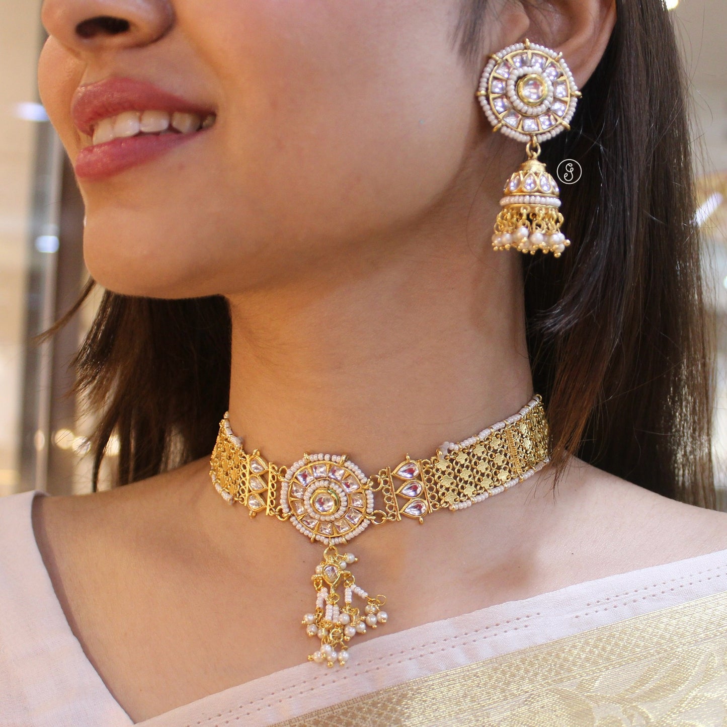 Gold Plated Choker Necklace With Jhumki Earrings