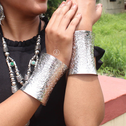 Silver Carved Long Hand-Cuff Bracelet Pair