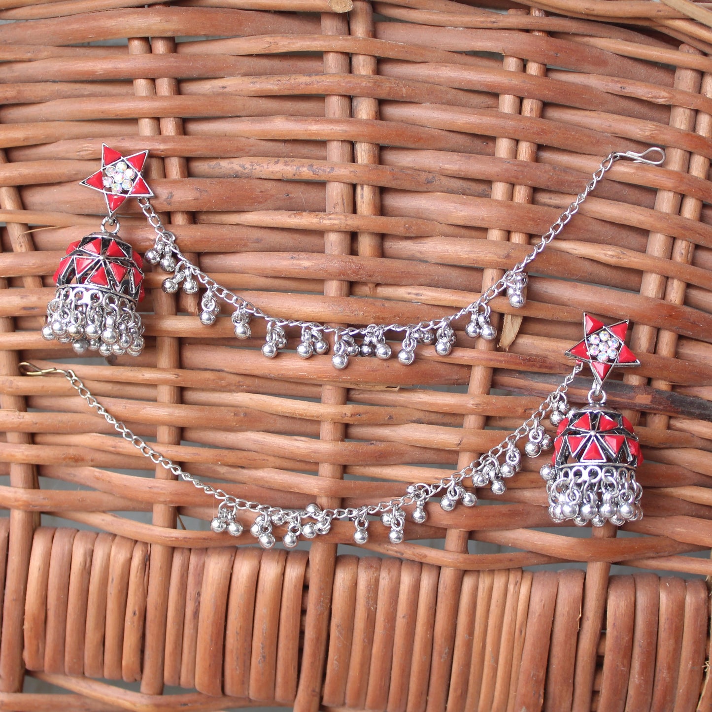 Red Oxidised Silver Jhumki With Ear-chain