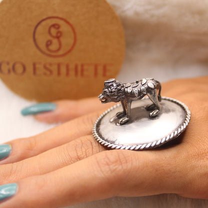 3D Lion Statue Oxidised Silver Brass Ring