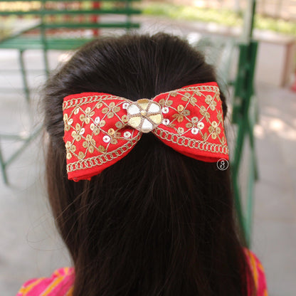 Red Sequin Ethnic Hair Bow Buckle