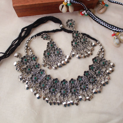 Green Stones Work Oxidised Silver Necklace Set