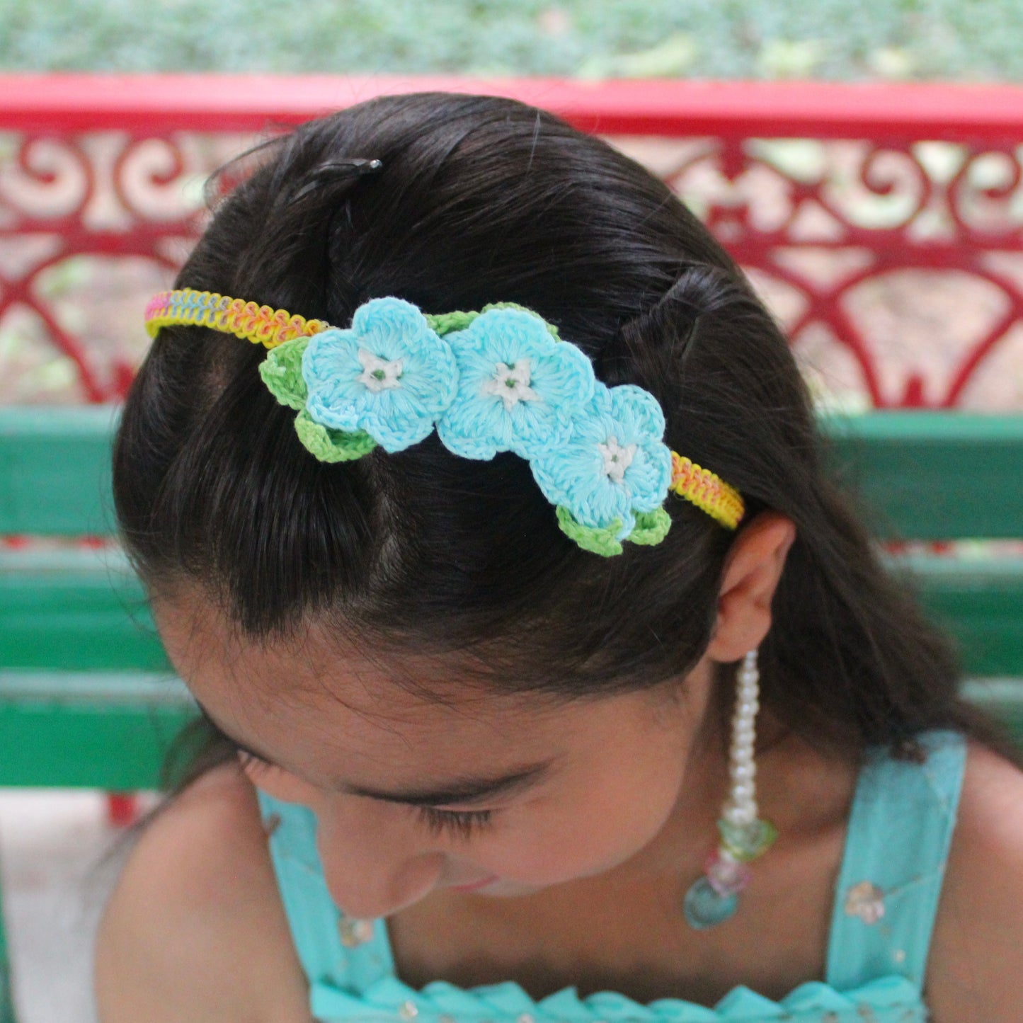 Handcrafted Crochet Flower Hairband with Pearl Hangings