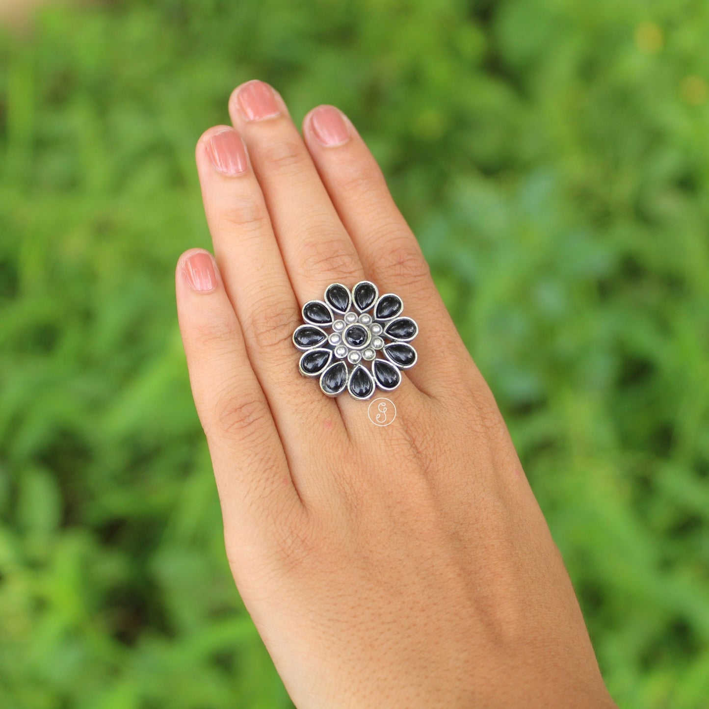 Black Stone Work Oxidised Silver Adjustable Ring