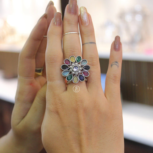 Multicolour Stones Work Oxidised Silver Adjustable Ring