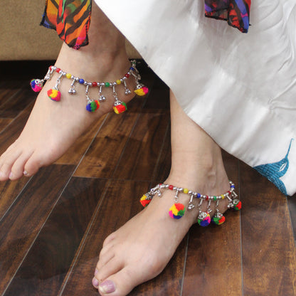 Multicoloured Adjustable Anklets With Pom-Pom