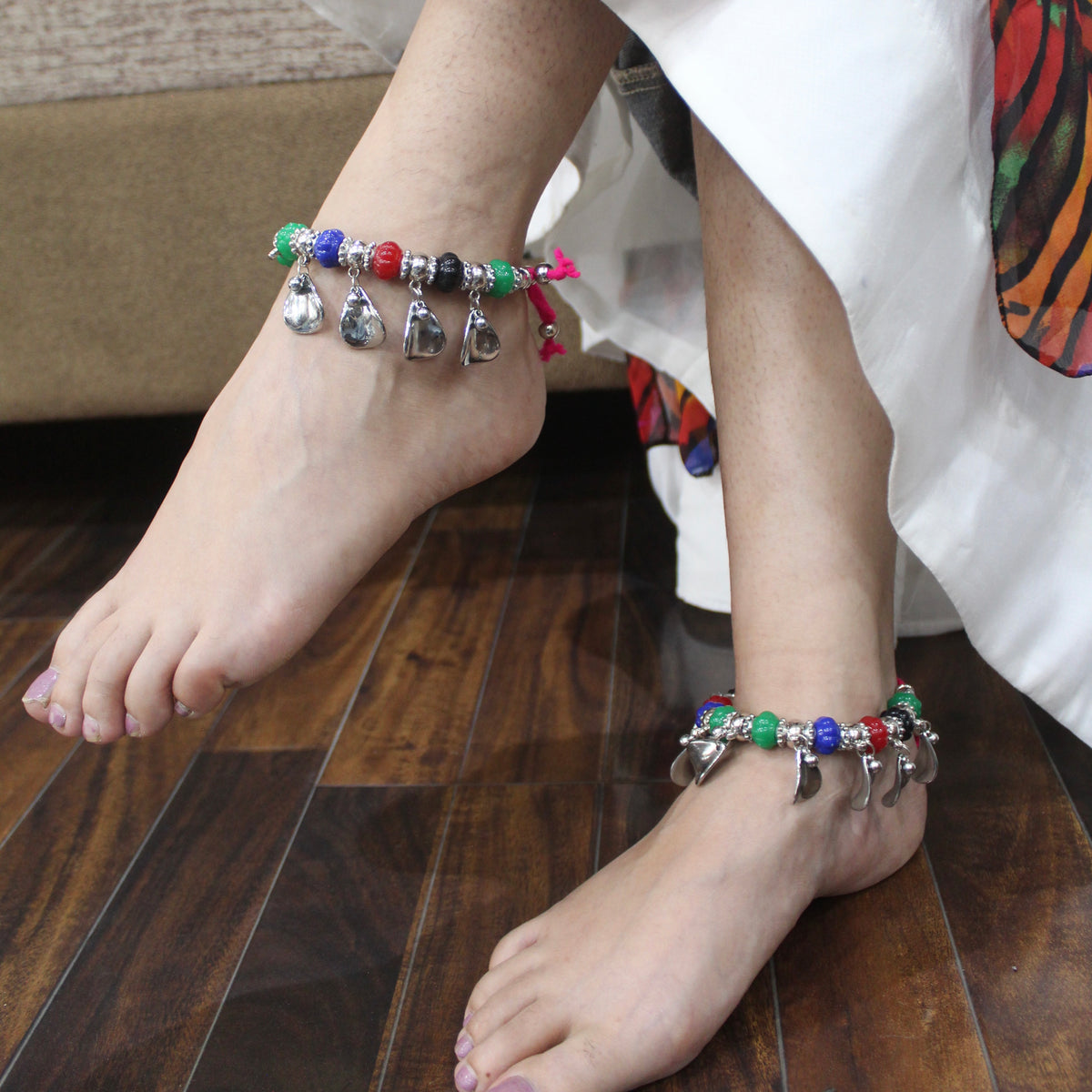 Multicoloured Adjustable Pair of Anklets