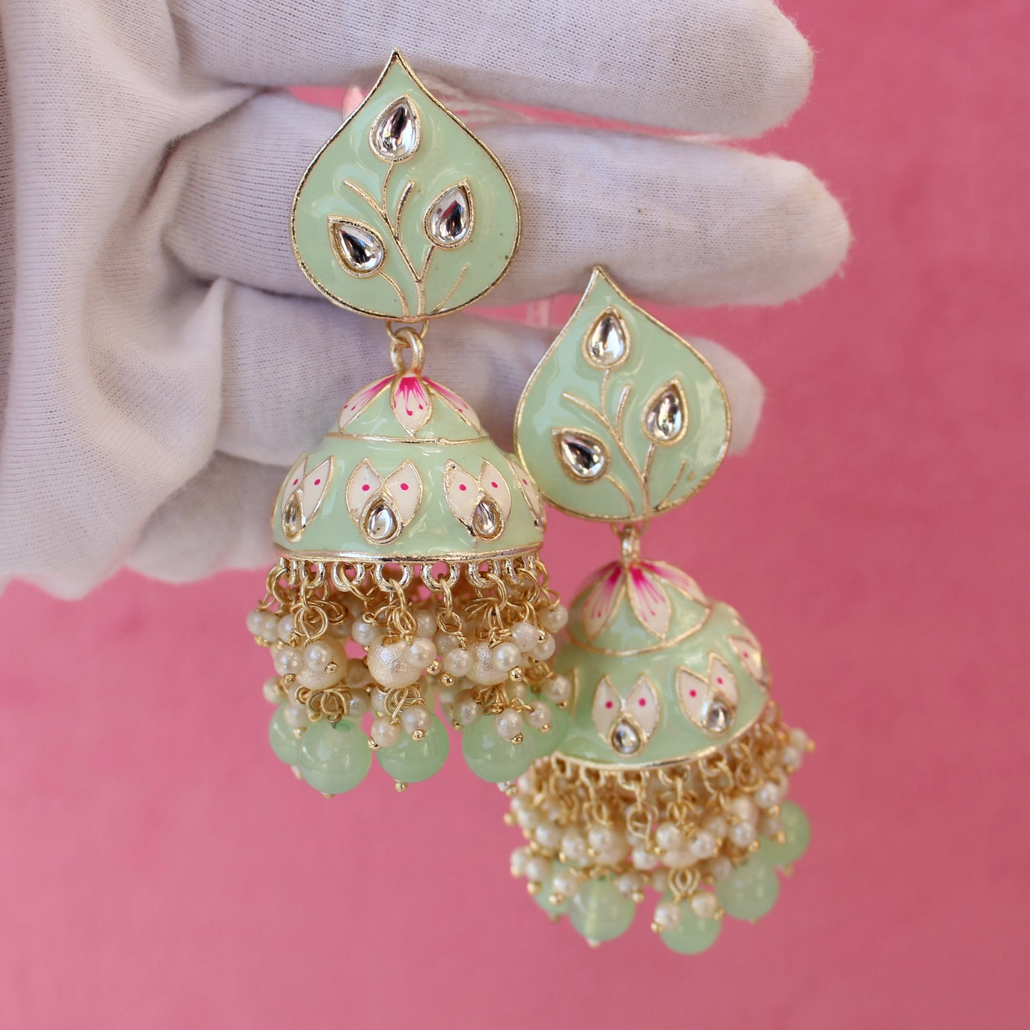 Mint Green Meenakari Jhumki Earrings