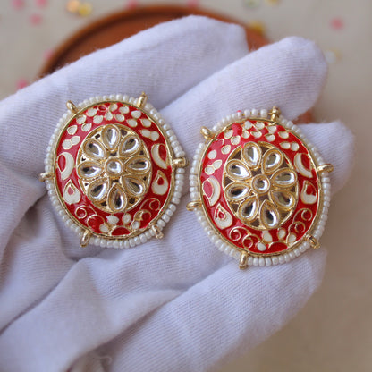 Red Meenakari & Kundan Work Big Sized Studs