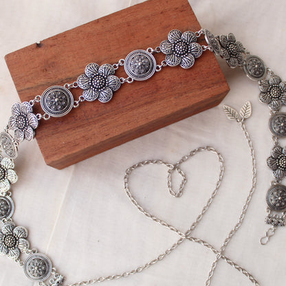 Fabulous Flower Design Oxidised Silver Waist-belt