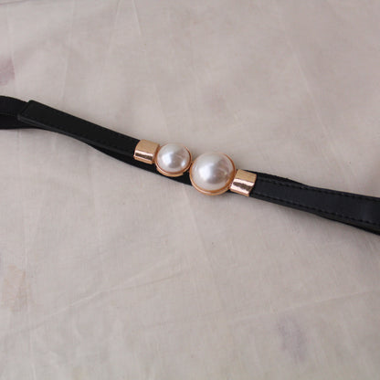 Elegant Pearl Studded Black Waist-belt