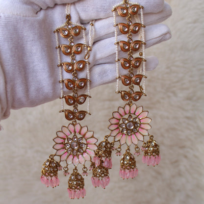 Pretty Pink Ethnic Earrings With Attached Earchains