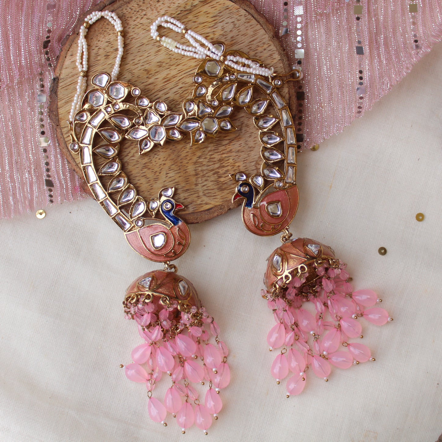 Pink Ethnic Peacock Jhumki With Earcuff