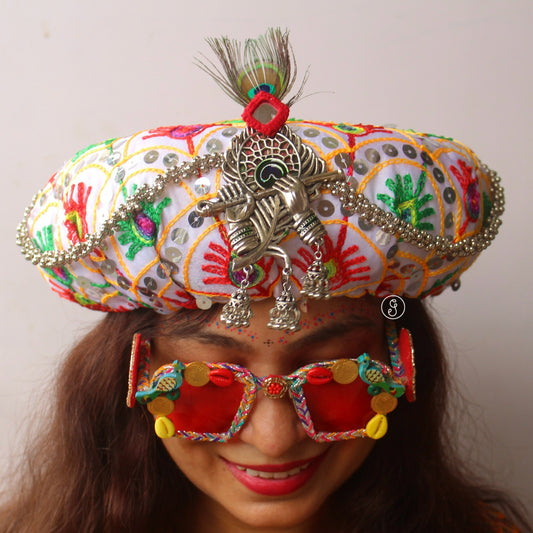 Amazing White & Multi Coloured Unisex Pagadi/Topi