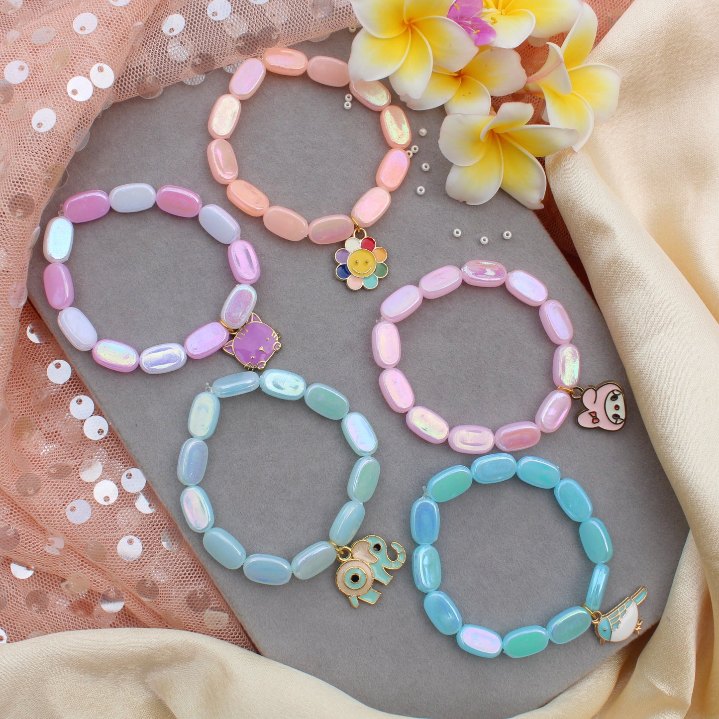(Set of 5) Pastel Charm Stretchable Bracelet for Girls