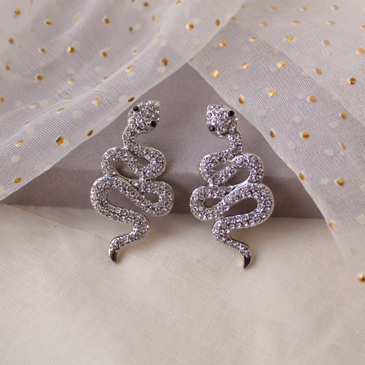 Classic Diamonds Studded Silver Snake Earrings