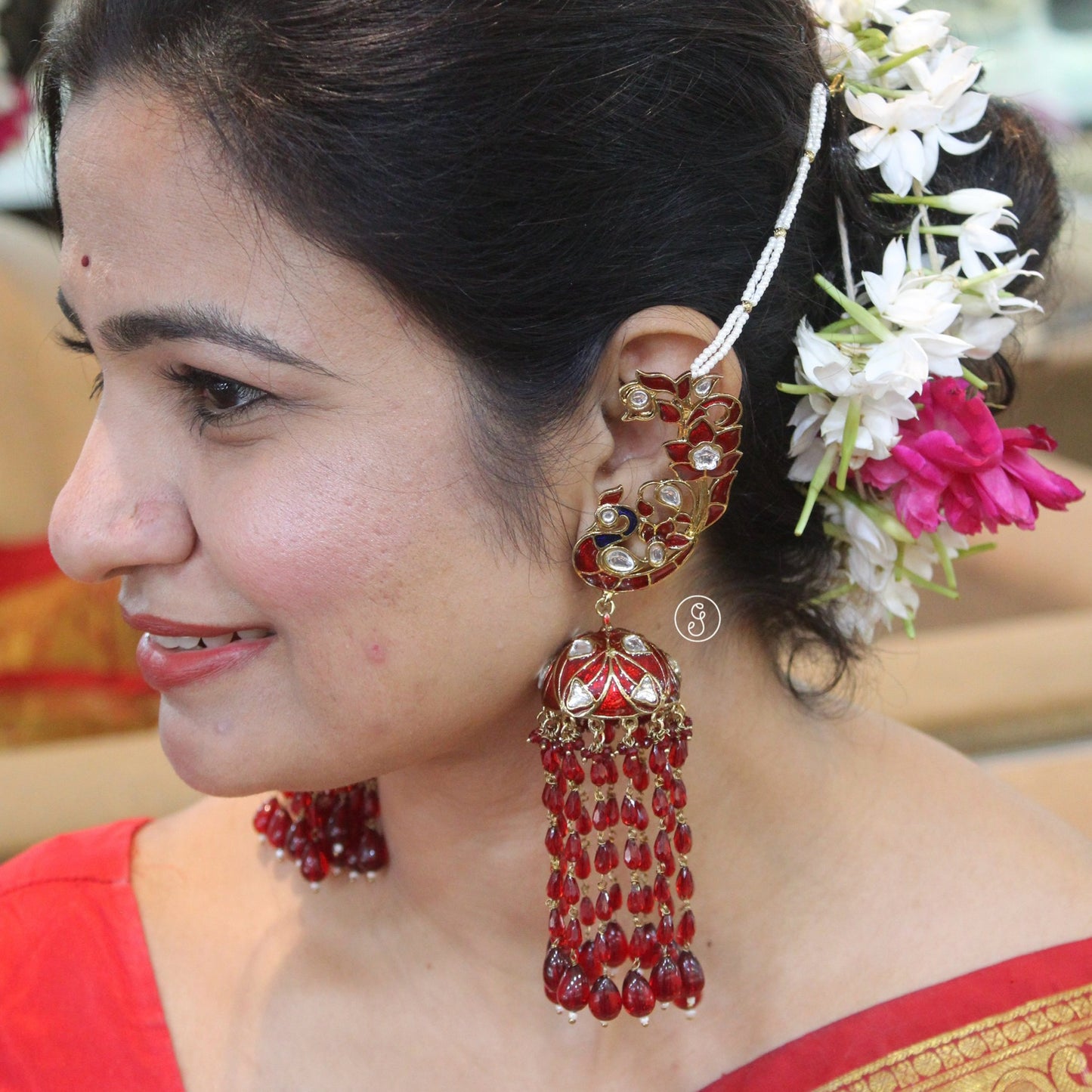 Red Ethnic Long Jhumki With Earcuffs