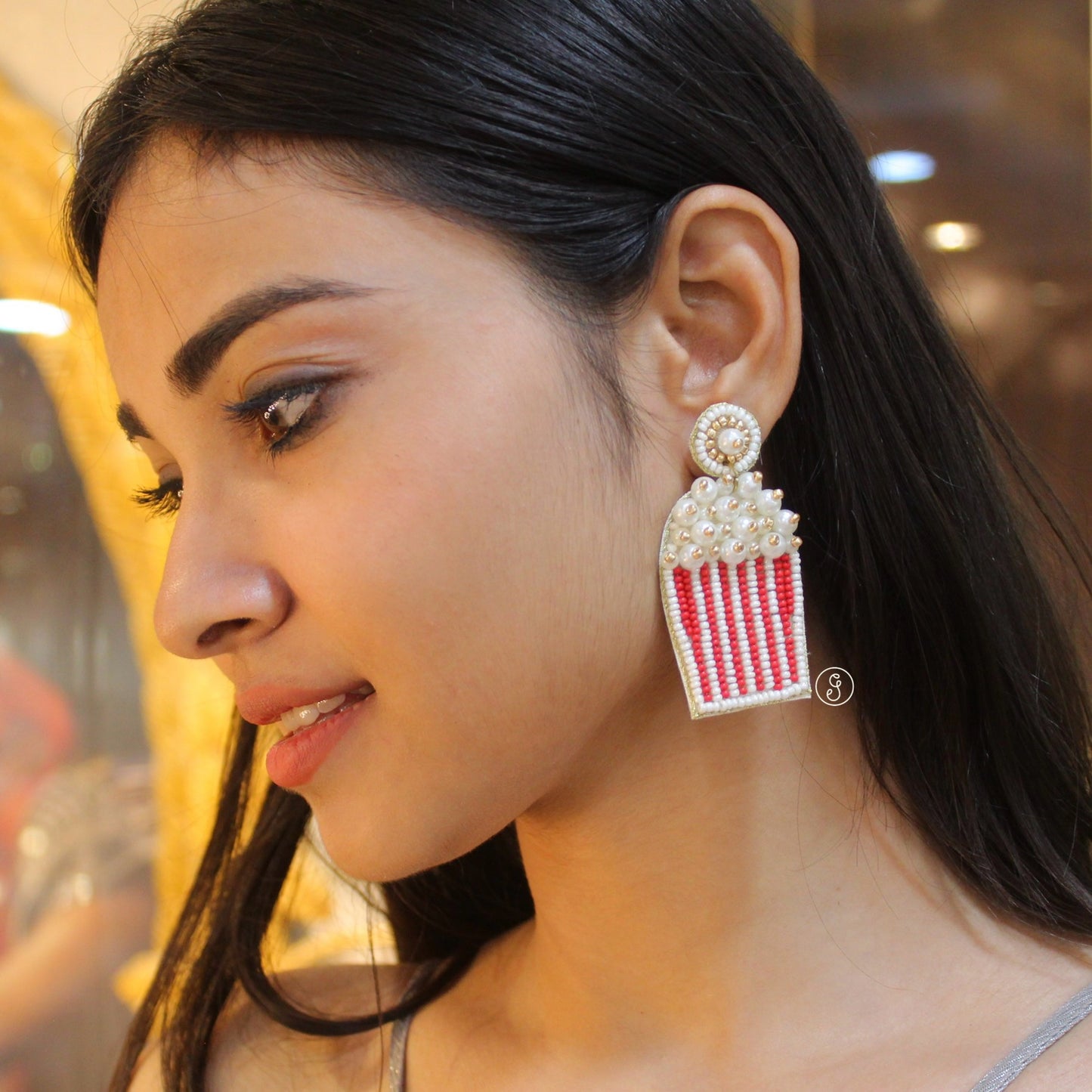 Red & White Beaded Popcorn Design Earrings