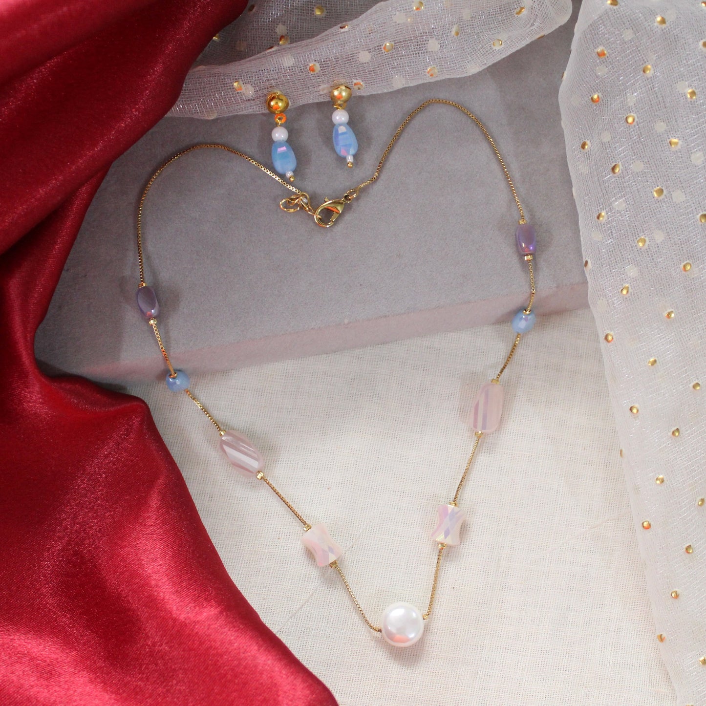 Elegant Multi Beads Gold-Alike Chain & Earrings