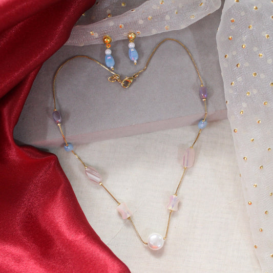 Elegant Multi Beads Gold-Alike Chain & Earrings