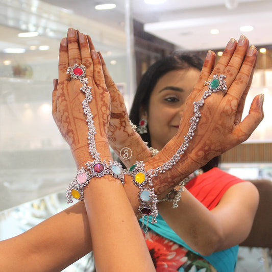 Multicoloured Oxidised Silver Hathful Bracelet (Single)