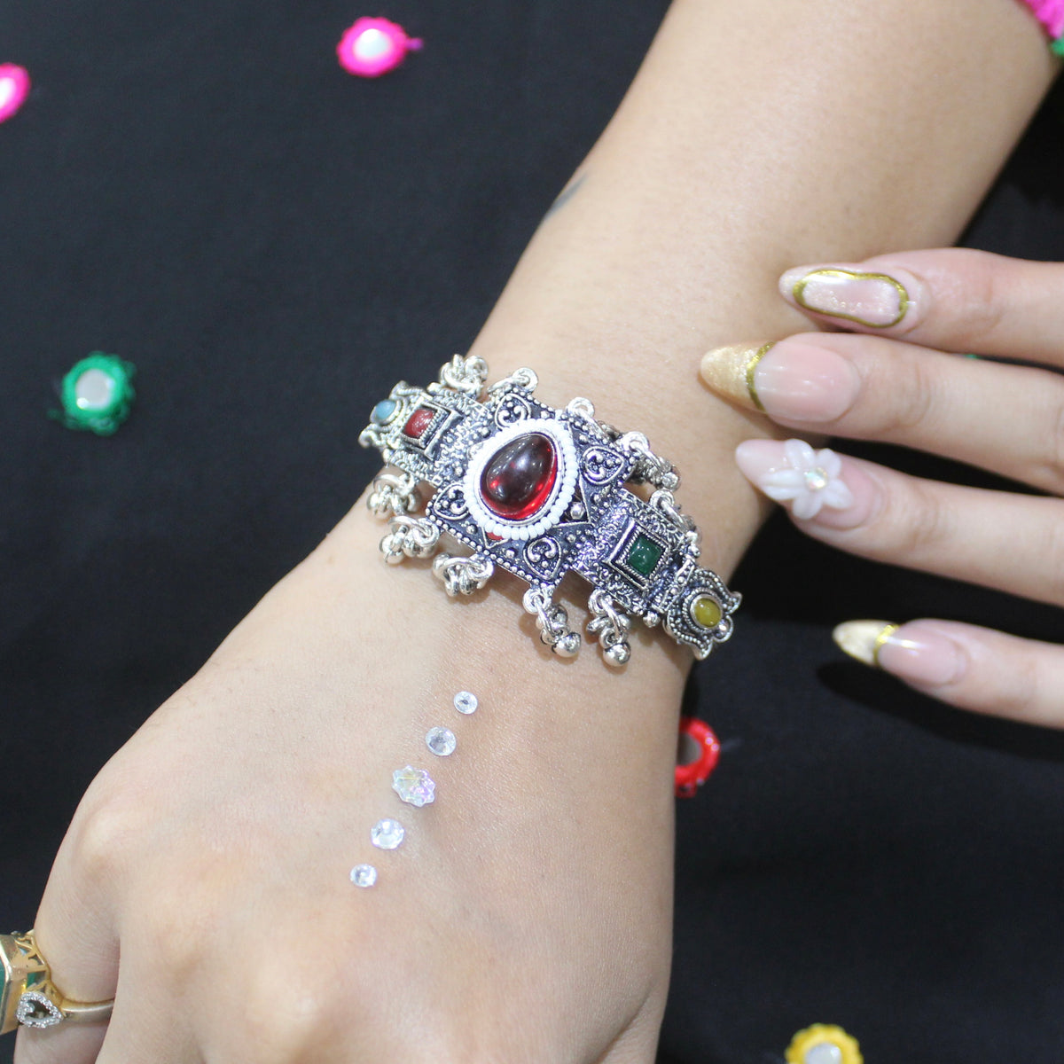 Oxidized Silver Red Stone Ghungroo Bracelet